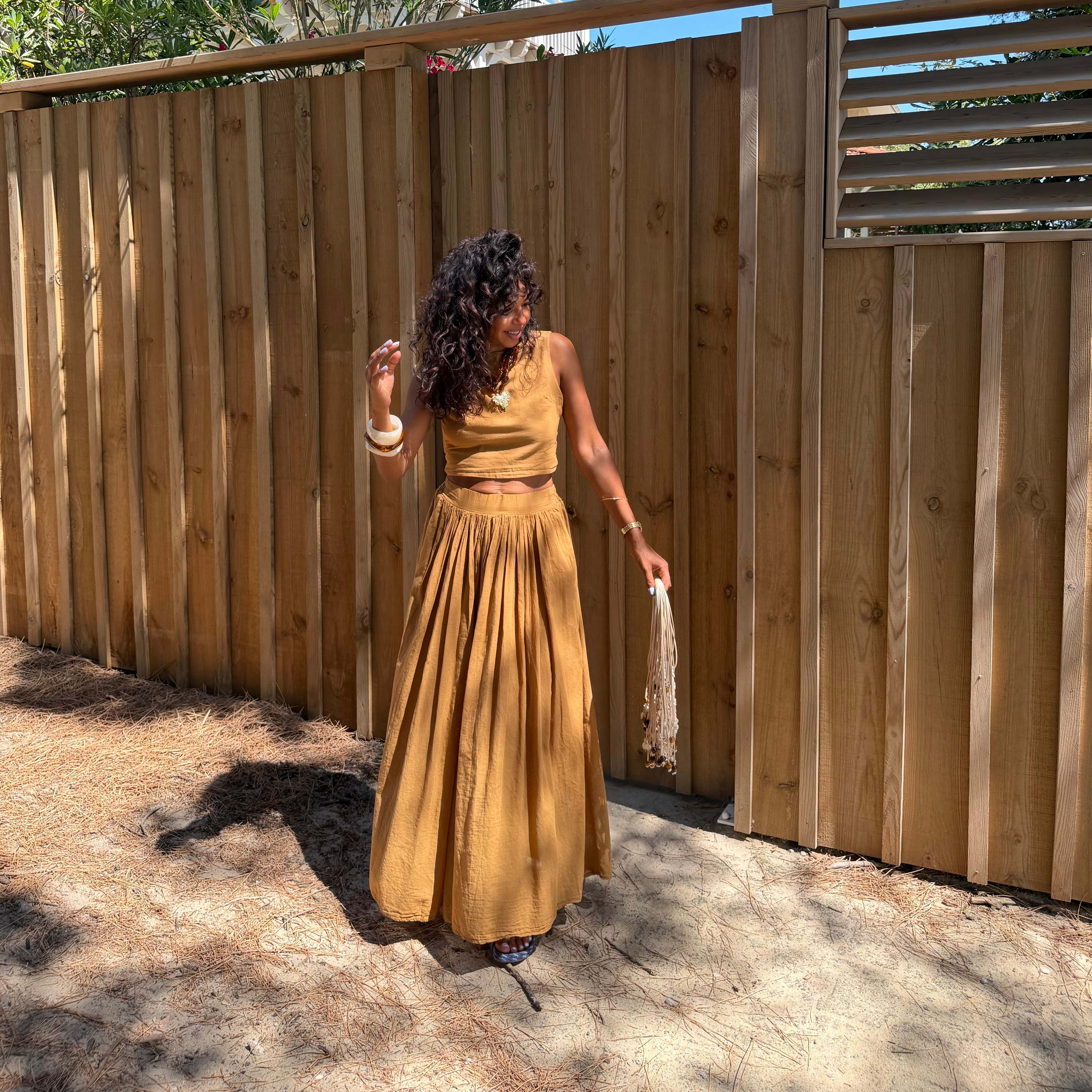 Ensemble YDRA jupe et top dos nu en coton tabac
