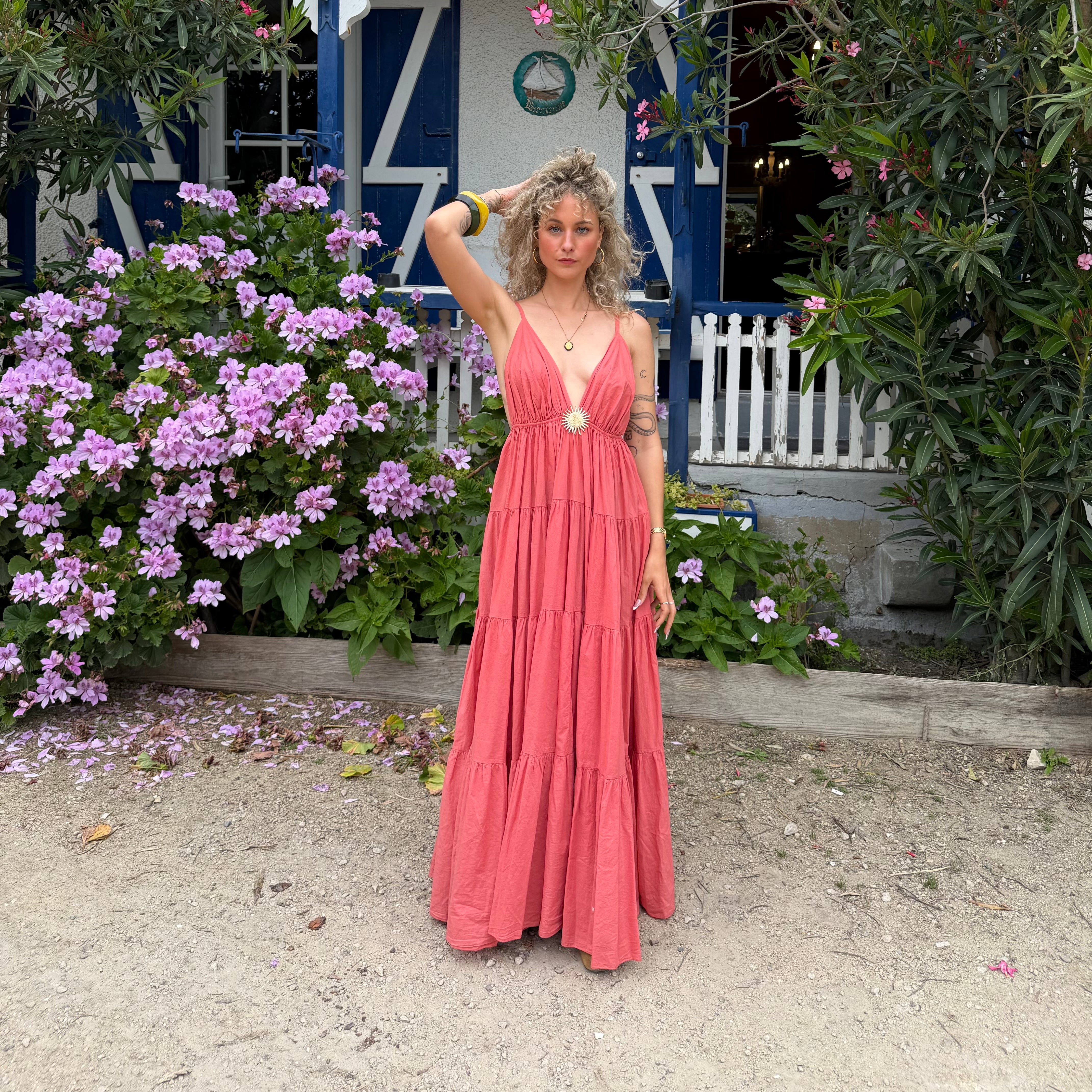 Robe longue SOLEIL bohème corail dos nu