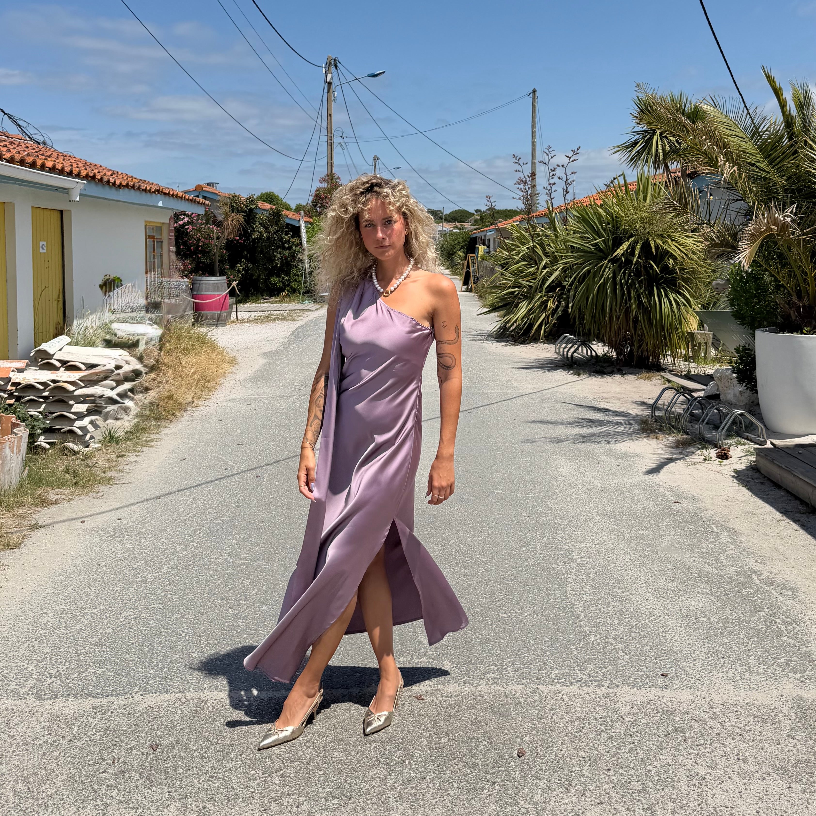 Robe longue satinée ESME parme
