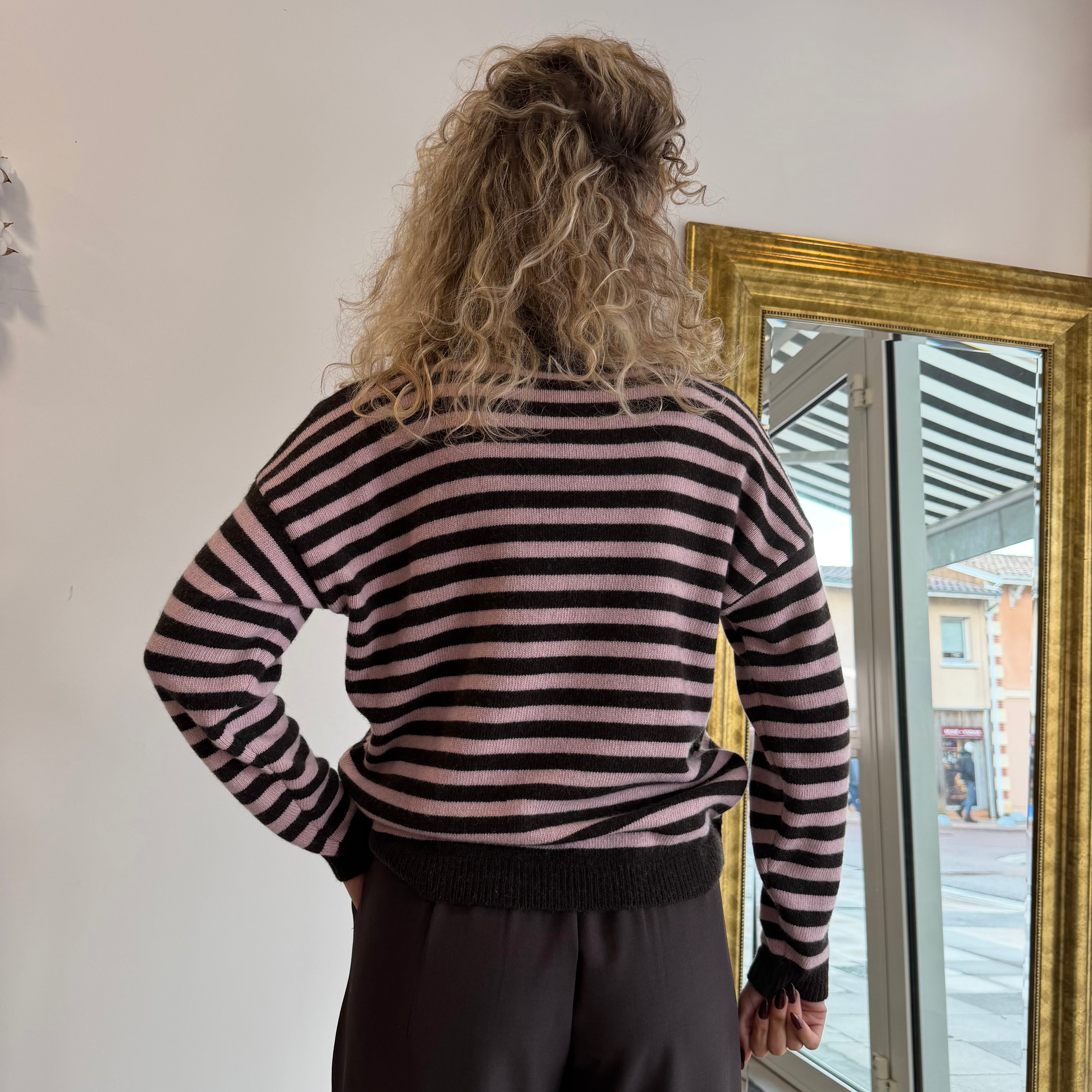 Pull col roulé rayé, CHARLIE, marron et rose laine et cachemire