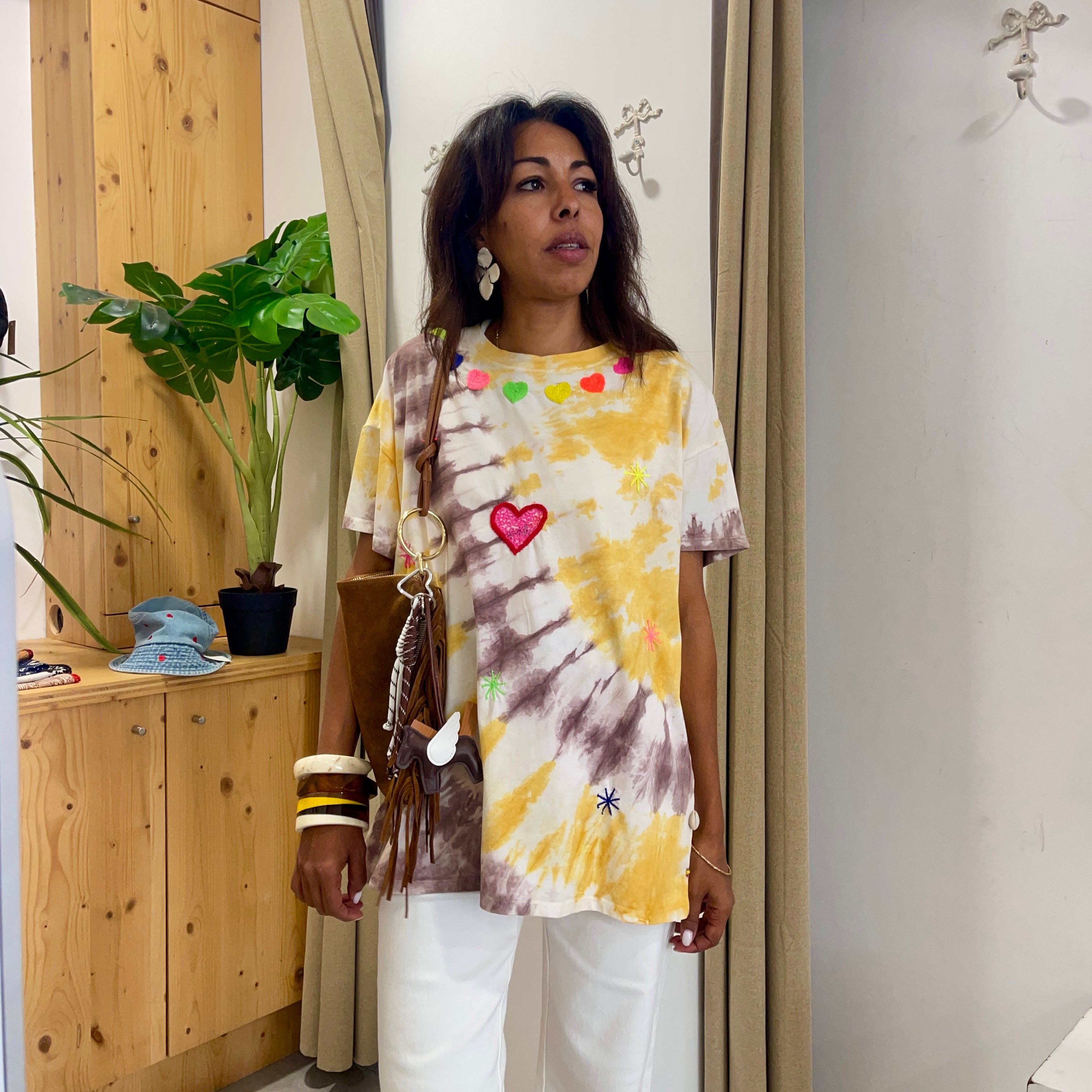 T-shirt manches courtes NAYA jaune Tie & Dye & Broderie Main