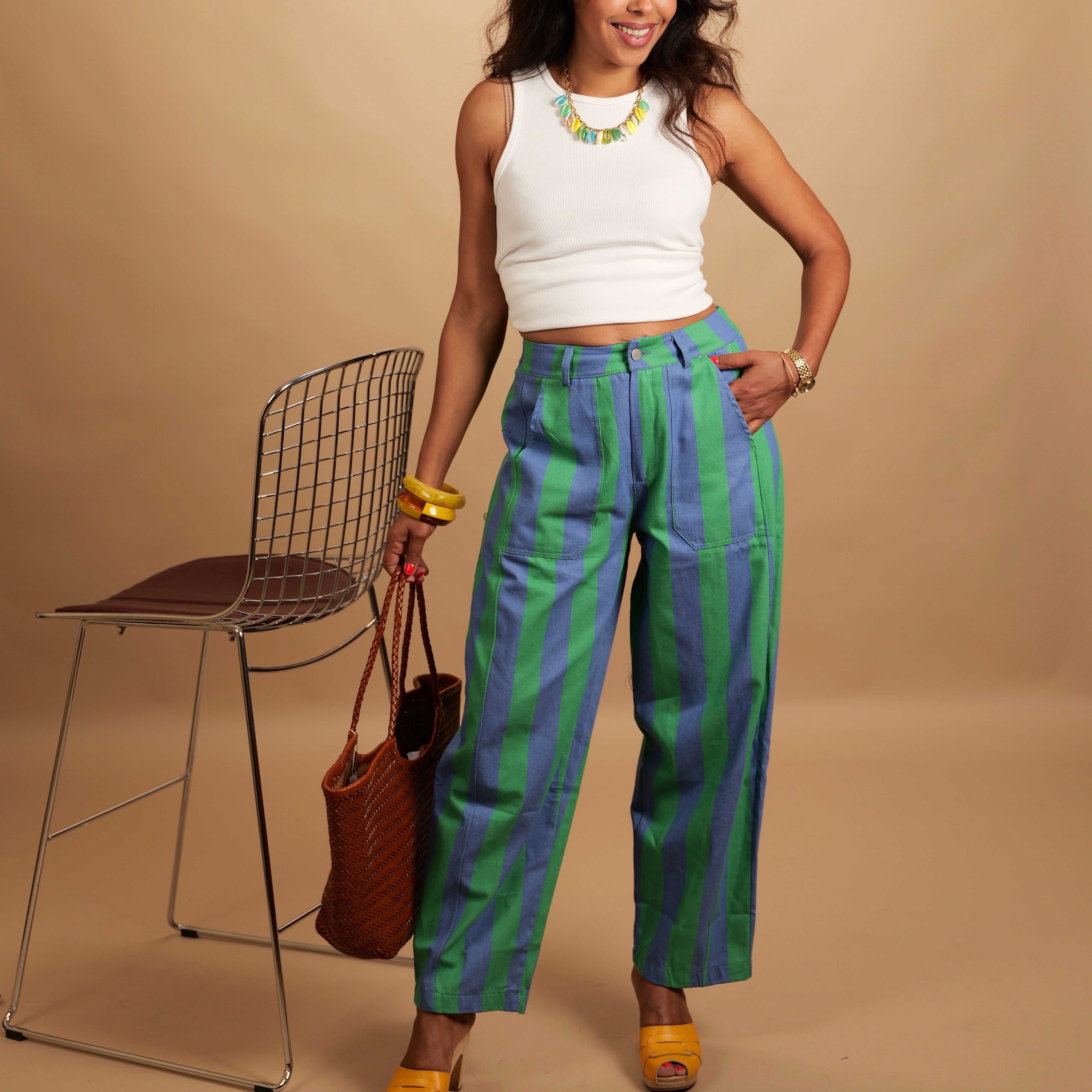 Pantalon LOUNA rayé bleu lavande & vert