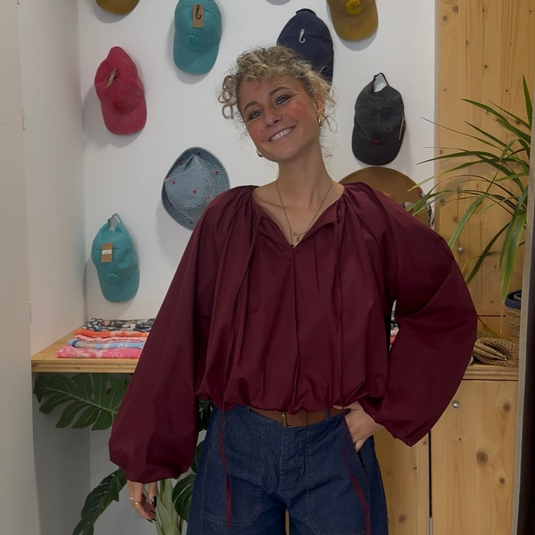 Blouse CLODY bordeaux manches bouffantes, 100% coton