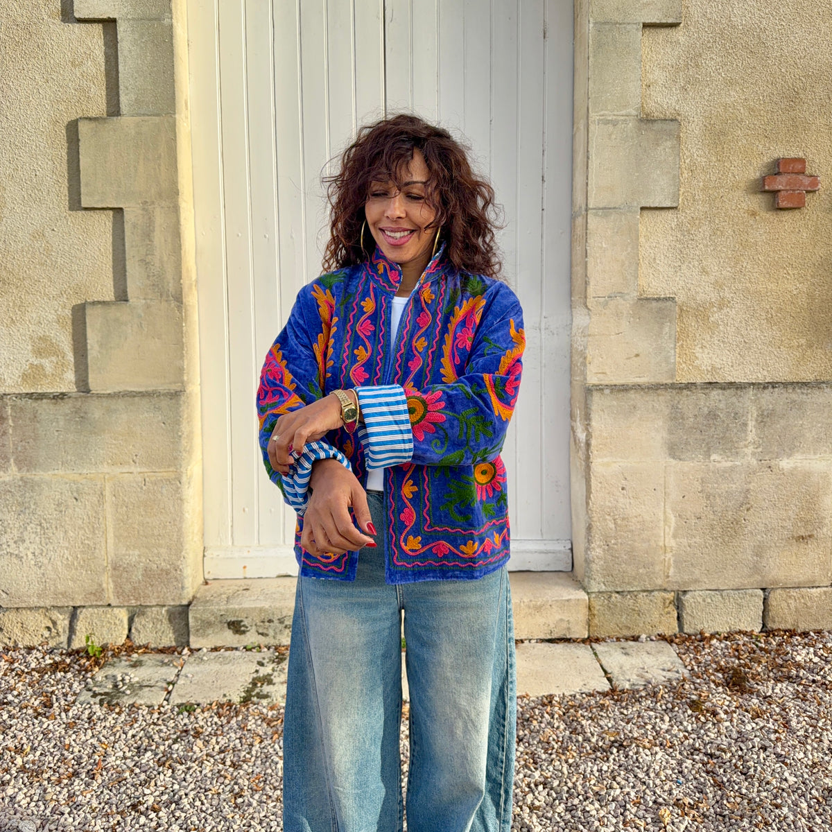 VESTE SUZANE BRODÉE EN VELOURS bleu