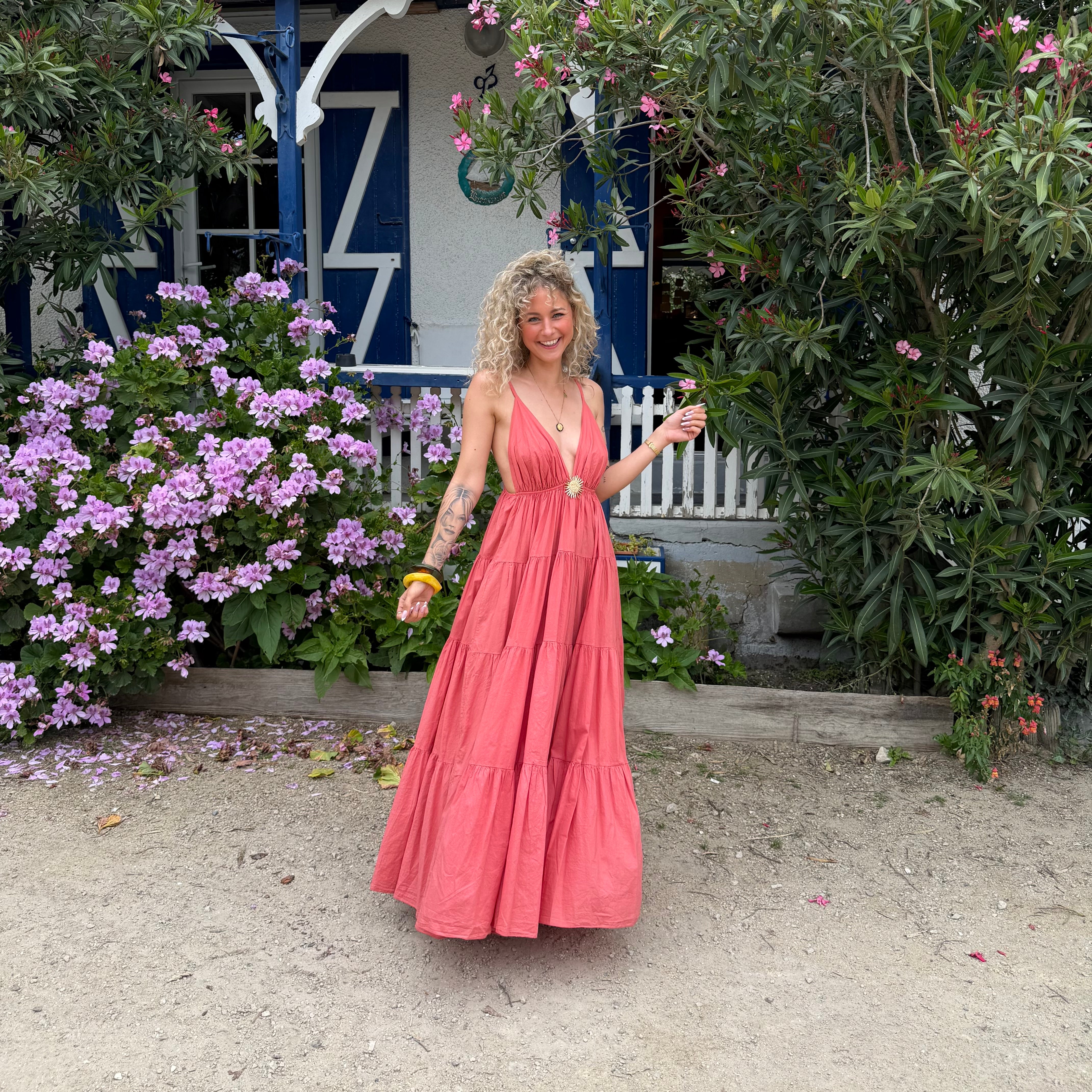 Robe longue SOLEIL bohème corail dos nu