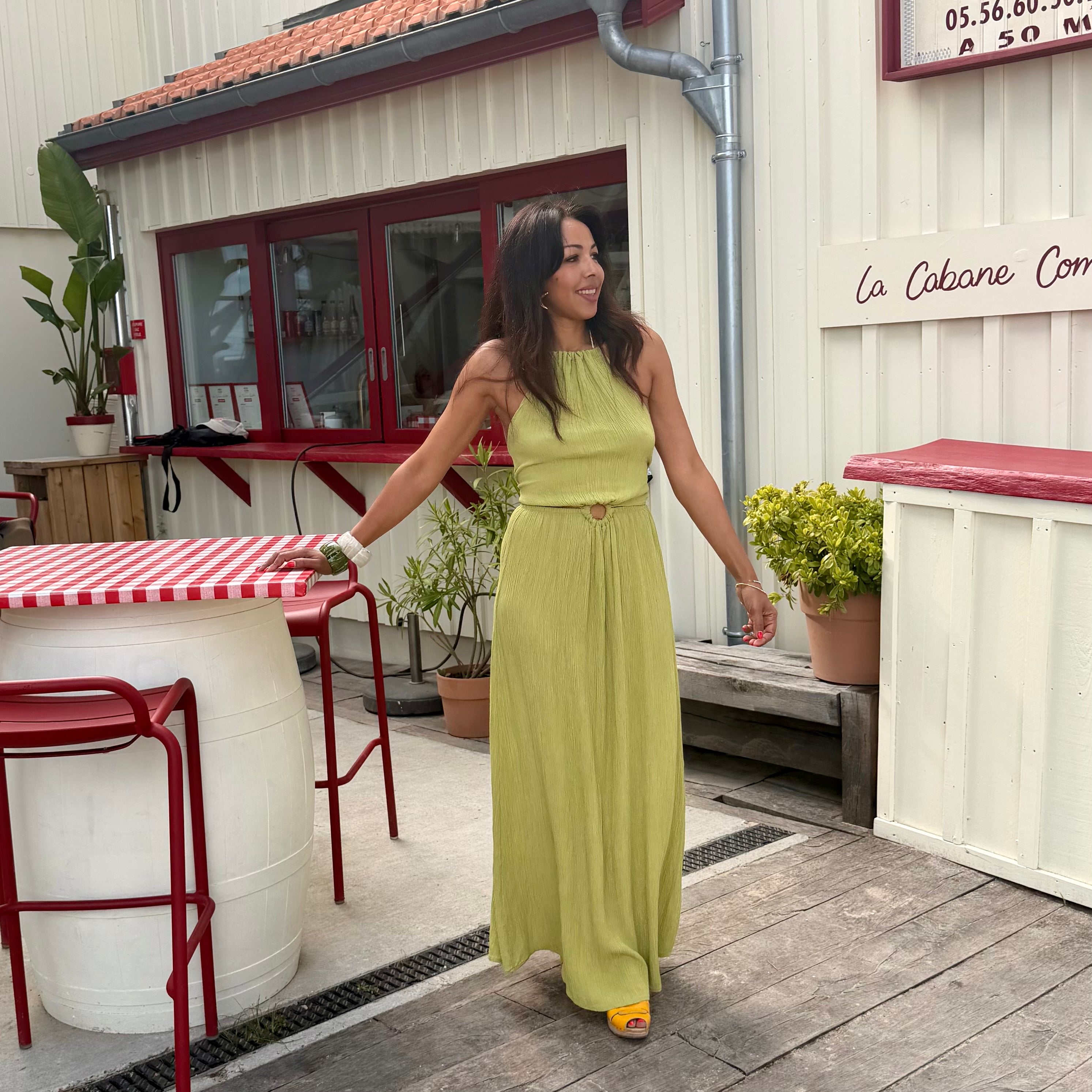 Robe longue DÉESSE dos nu vert irisée