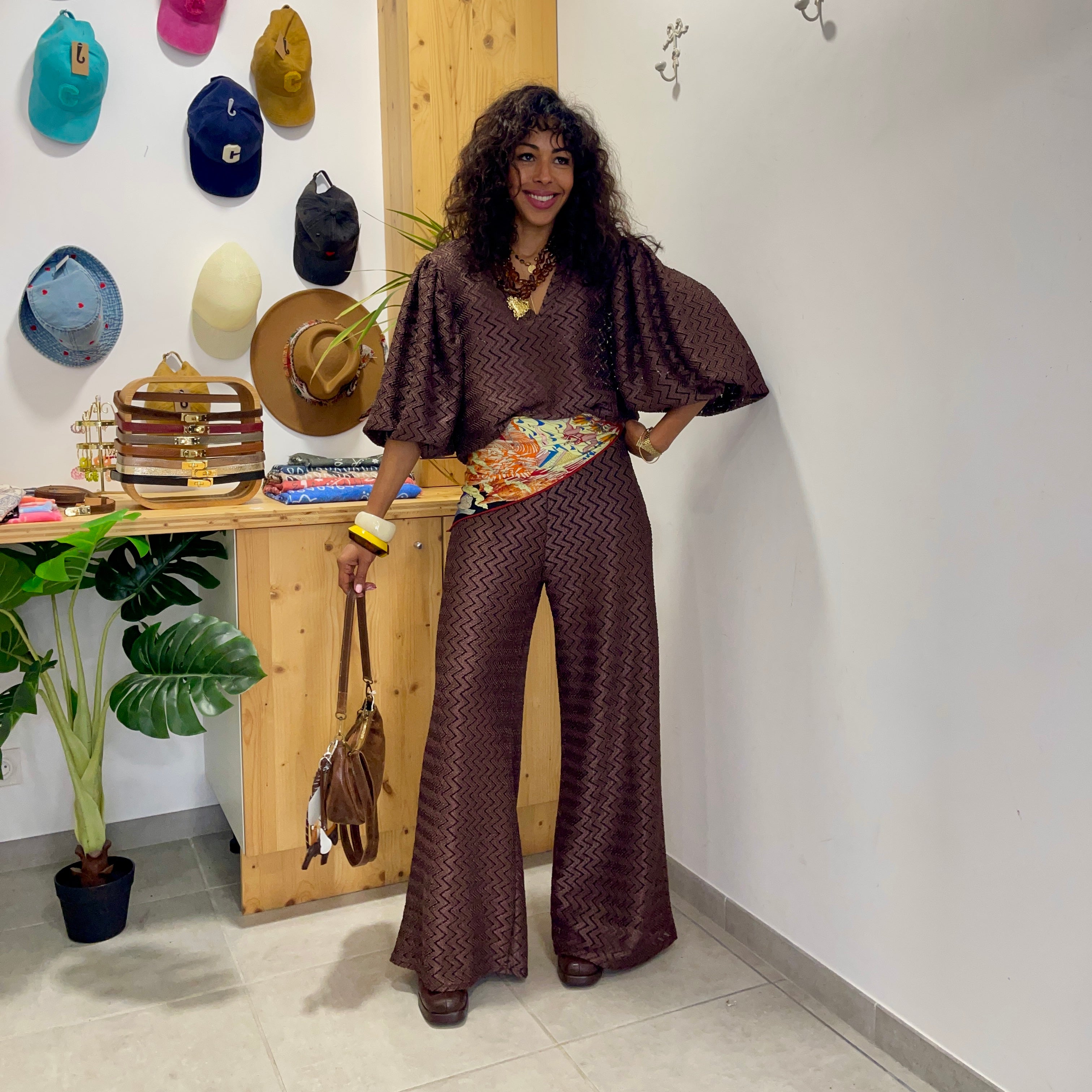 Pantalon MADRID marron métalisé à motif chevron