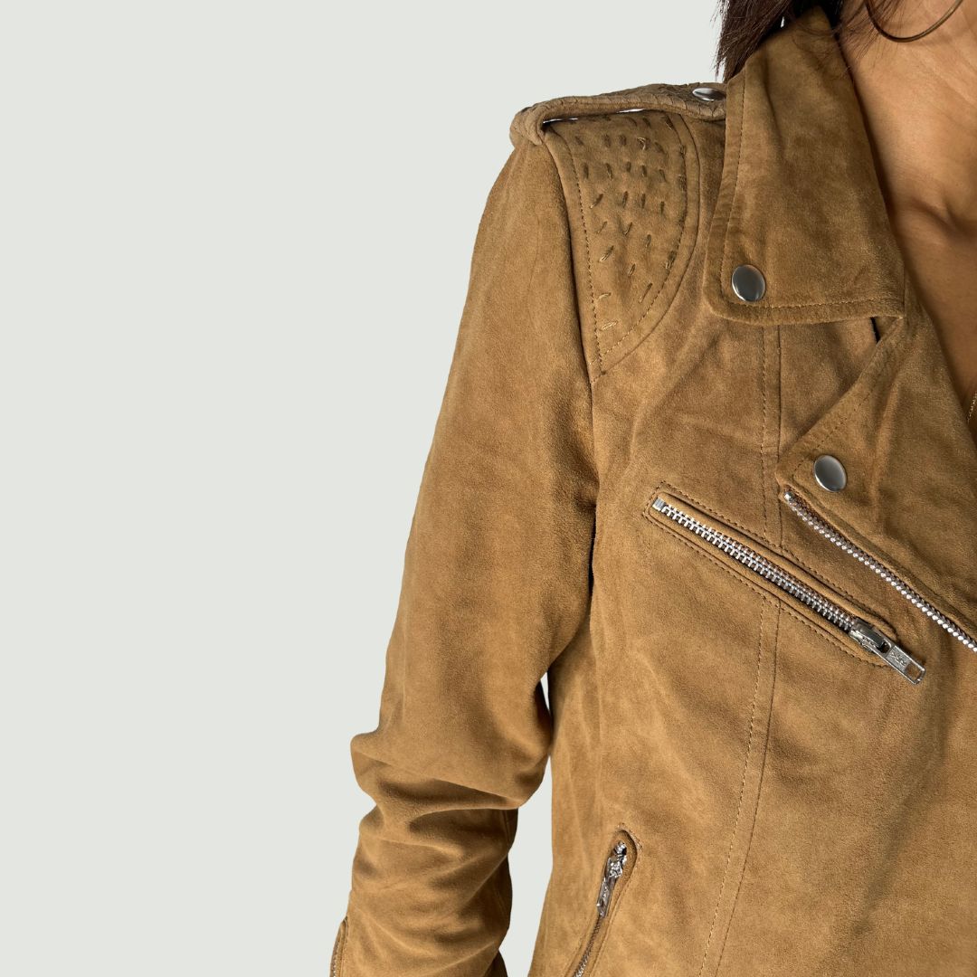 Veste perfecto CARMEN en cuir daim de couleur camel