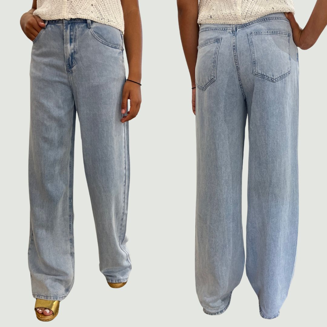 Pantalon en tencel WILENE effet denim bleu clair à la coupe large et fluide