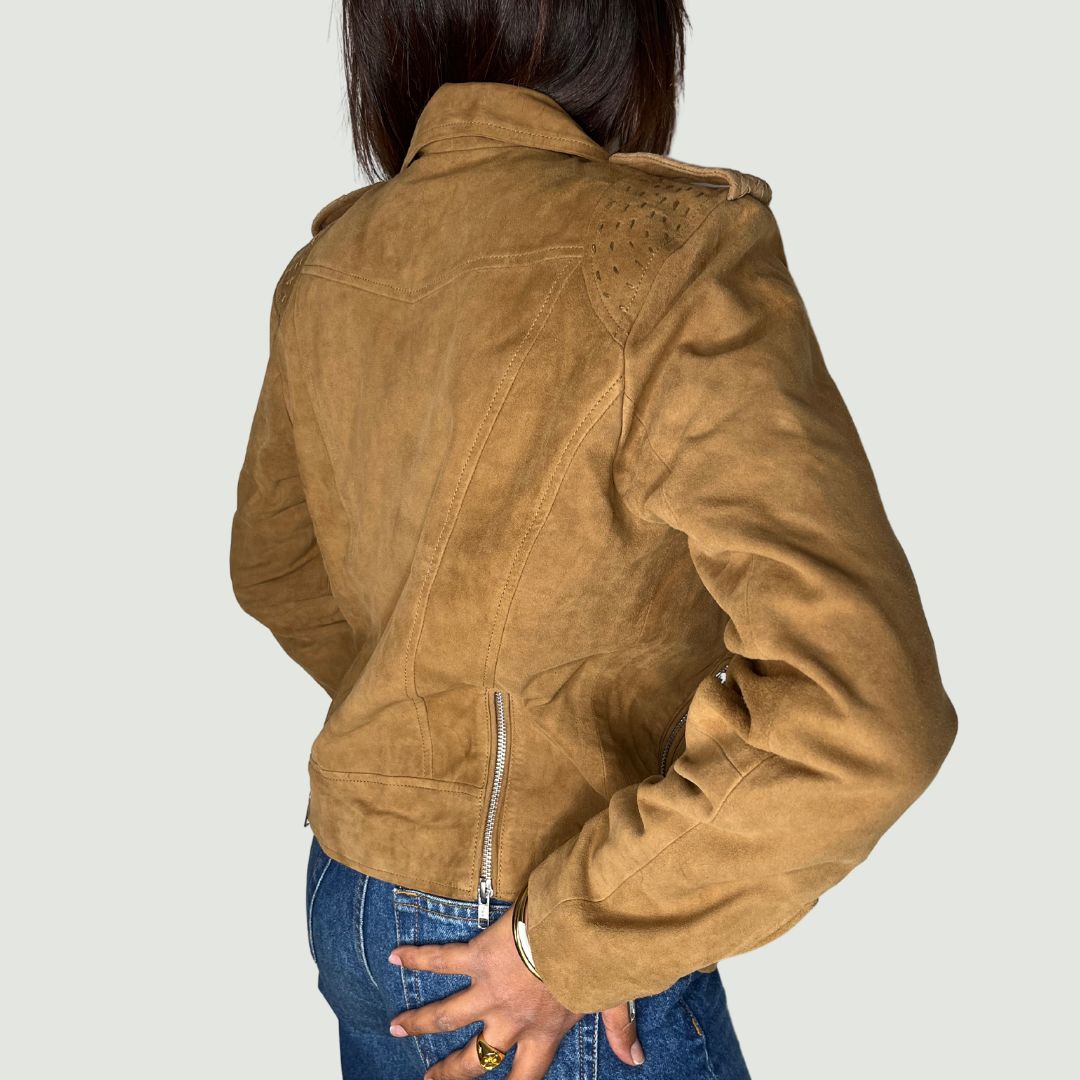 Veste perfecto CARMEN en cuir daim de couleur camel