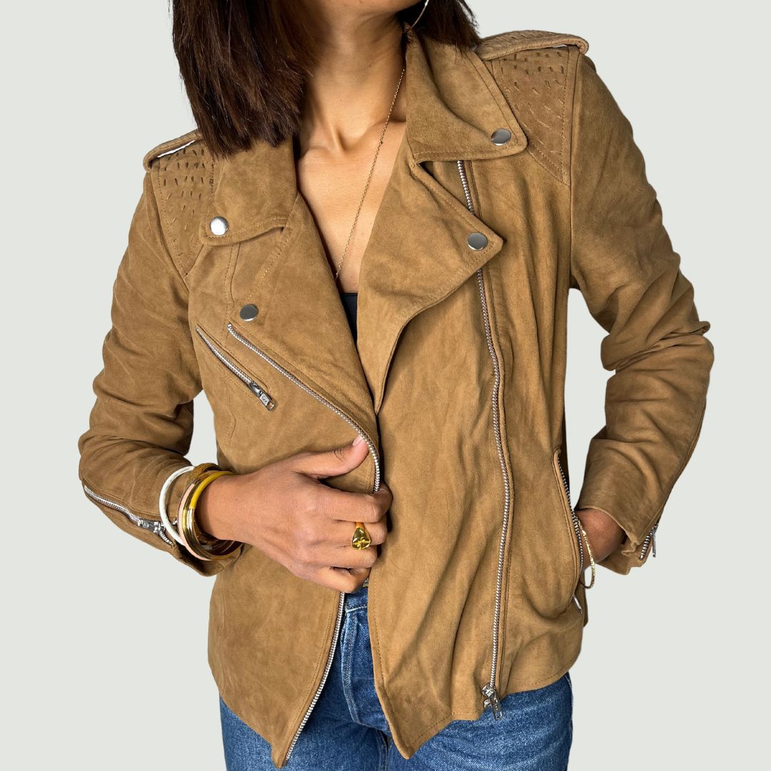 Veste perfecto CARMEN en cuir daim de couleur camel